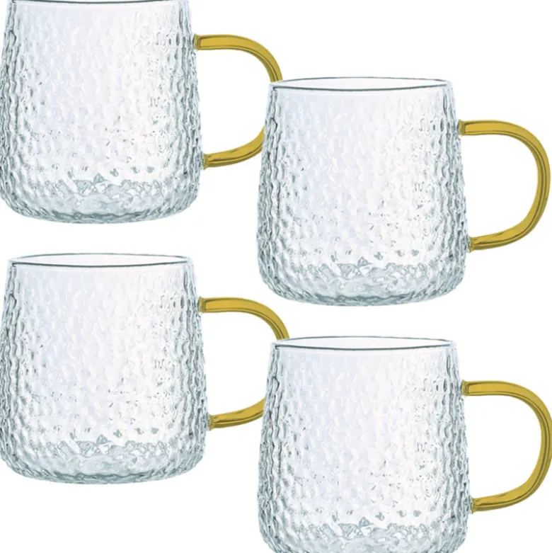 Szklanki z żółtym uchem do ciepłych napojów 350 ml MG Home Deco zestaw 4 szklanek