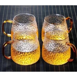 Szklanki z żółtym uchem do ciepłych napojów 350 ml MG Home Deco zestaw 4 szklanek
