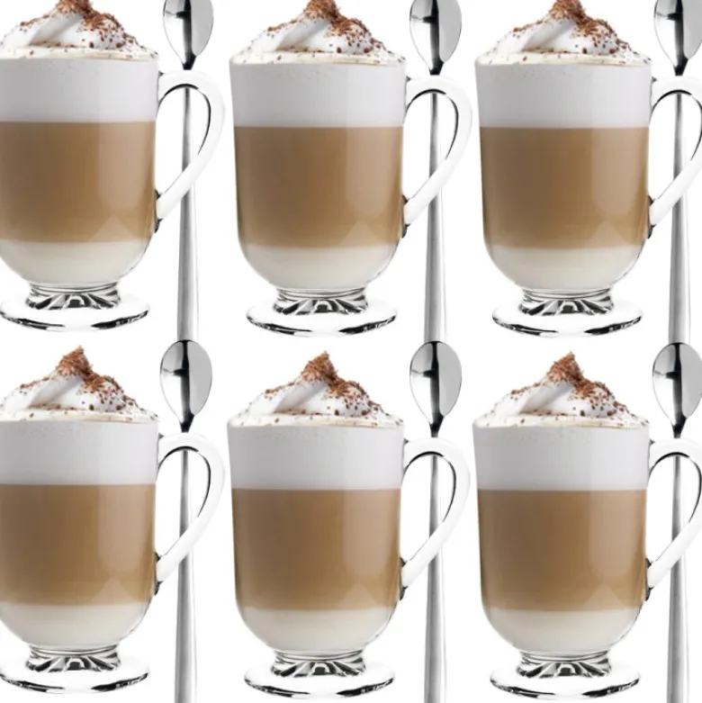 Szklanki z uchem 310 ml Altom Werona kubki do herbaty kawy latte macchiato komplet 6 sztuk w zestawie z długimi łyżeczkami