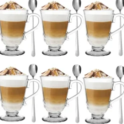 Szklanki z uchem 320 ml Florina Malena kubki do herbaty kawy latte macchiato komplet 6 sztuk w zestawie z długimi łyżeczkami