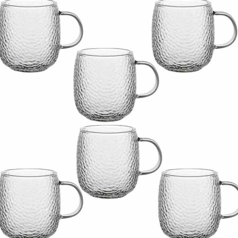Szklanki z uchem 380 ml Florina Savia efekt młotkowania do kawy latte komplet kuków szklanych 6 sztuk