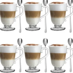 Szklanki z uchem 320 ml Florina Siena kubki do herbaty kawy latte macchiato komplet 6 sztuk w zestawie z długimi łyżeczkami