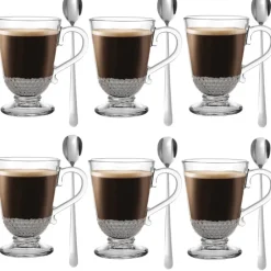 Szklanki z uchem 320 ml Florina Verona kubki do herbaty kawy latte macchiato komplet 6 sztuk w zestawie z długimi łyżeczkami