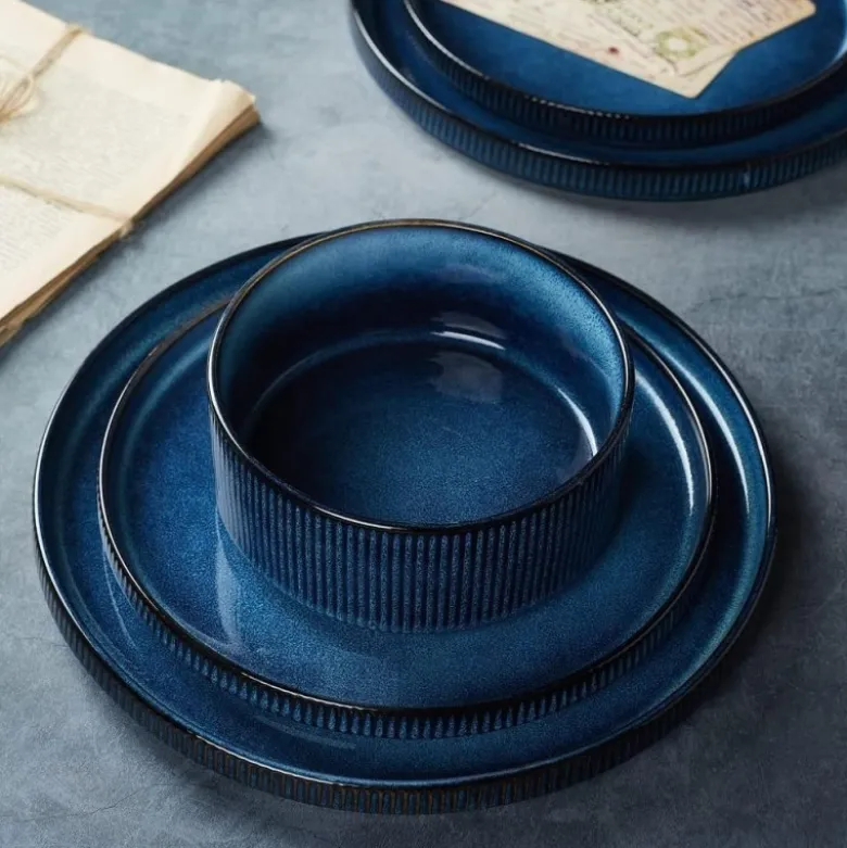 Talerz deserowy porcelanowy 21 cm Florina Evia Blue granatowy prążkowany modern