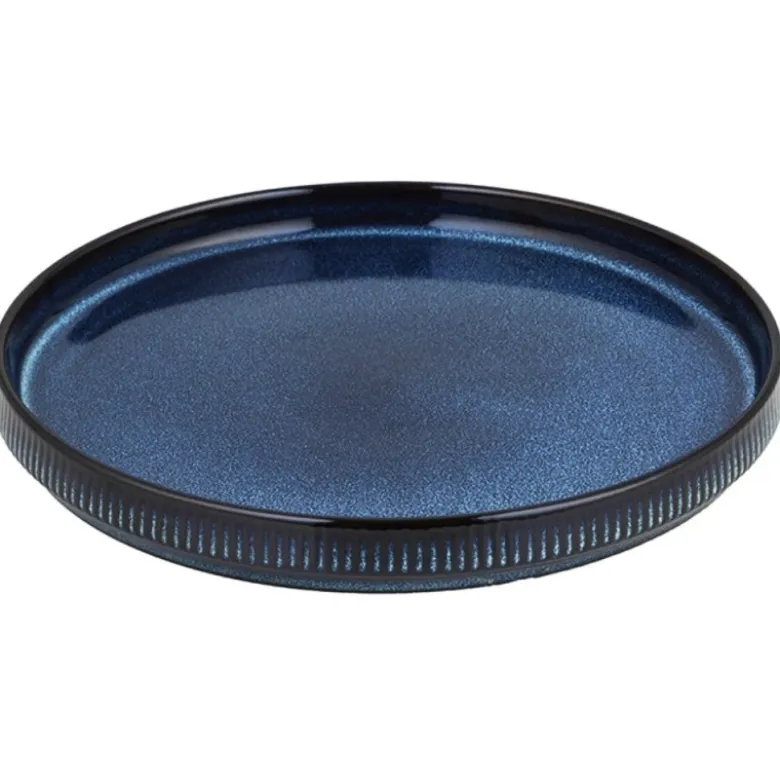 Talerz deserowy porcelanowy 21 cm Florina Evia Blue granatowy prążkowany modern