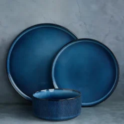 Talerz deserowy porcelanowy 21 cm Florina Evia Blue granatowy prążkowany modern