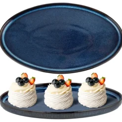 Talerz owalny patera półmisek porcelanowy Florina Evia Blue granatowy prążkowany modern