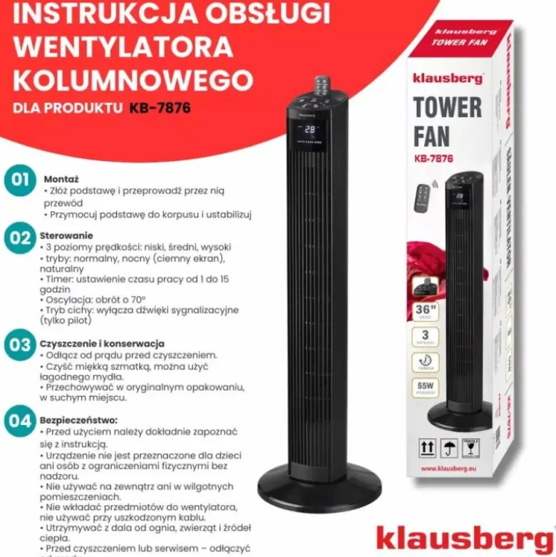 Wentylator kolumnowy podłogowy wiatrak stojący biurowy Klausberg KB 7876