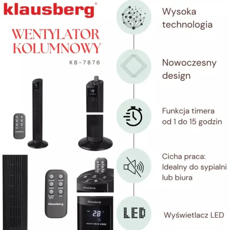 Wentylator kolumnowy podłogowy wiatrak stojący biurowy Klausberg KB 7876