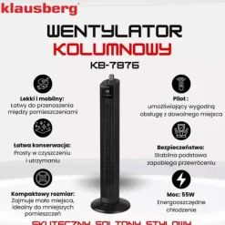 Wentylator kolumnowy podłogowy wiatrak stojący biurowy Klausberg KB 7876