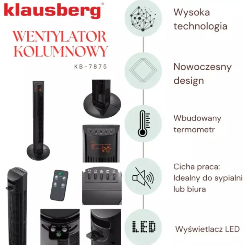Wentylator podłogowy kolumnowy Klausberg KB 7875 wiatrak stojący 45W LCD pilot