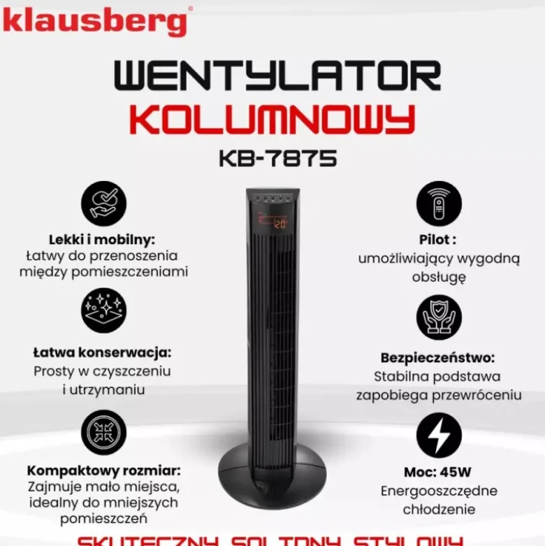 Wentylator podłogowy kolumnowy Klausberg KB 7875 wiatrak stojący 45W LCD pilot