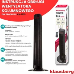Wentylator podłogowy kolumnowy Klausberg KB 7875 wiatrak stojący 45W LCD pilot