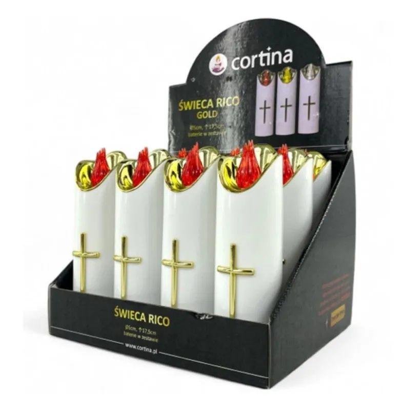 Wkład do znicza 17 cm świeczka biała LED z krzyżem z czerwonym światłem Cortina Rico baterie AA