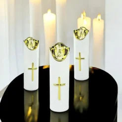 Wkład do znicza 17 cm świeczka biała LED z krzyżem białe światło Cortina Rico baterie AA