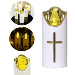 Wkład do znicza 15 cm świeczka biała LED z krzyżem żółte światło Cortina Rico baterie AA
