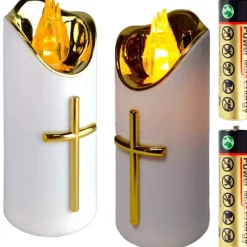 Wkład do znicza 15 cm świeczka biała LED z krzyżem żółte światło Cortina Rico baterie AA