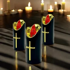 Wkład do znicza 12.5 cm świeczka czarna LED z krzyżem czerwone światło Cortina Rico baterie AA