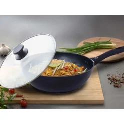 Wok z pokrywką 28 cm patelnia głęboka czarna nieprzywieralna powłoka MG Home