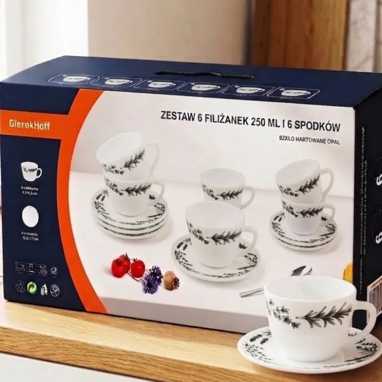 Zestaw 6 filiżanek 170 ml ze spodkami GierekHoff Herbarium dla 6 osób białe wzór kwiaty GH 1233