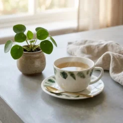 Zestaw 6 filiżanek 170 ml ze spodkami GierekHoff Botanica dla 6 osób białe wzór kwiaty GH 1232