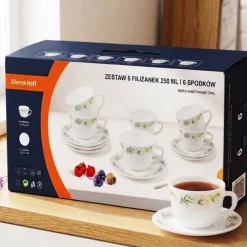 Zestaw 6 filiżanek 170 ml ze spodkami GierekHoff Szept Paproci dla 6 osób białe wzór kwiaty GH 1231