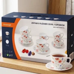 Zestaw 6 filiżanek 170 ml ze spodkami GierekHoff Sielska Łąka dla 6 osób białe wzór kwiaty GH 1230