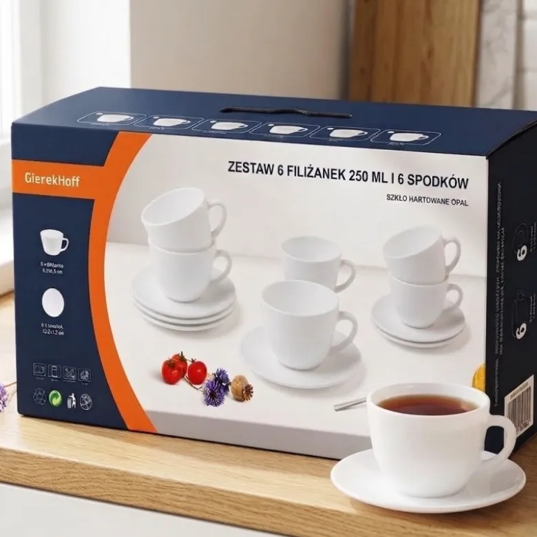 Zestaw 6 filiżanek 170 ml ze spodkami GierekHoff Lumiere dla 6 osób białe GH 1245