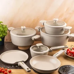 Zestaw garnków aluminiowych beżowych z powłoką nieprzywierającą 12 el. komplet z patelnia wraz z rondlem Klausberg