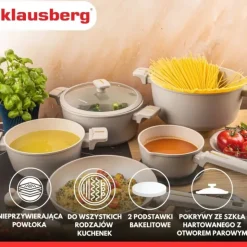 Zestaw garnków aluminiowych beżowych z powłoką nieprzywierającą 12 el. komplet z patelnia wraz z rondlem Klausberg