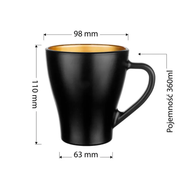 Zestaw 6 kubków czarno złotych Glasmark Hugo Glamour 360 ml