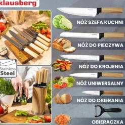 Zestaw noży kuchennych 7el. w stojaku drewnianym i obieraczka Klausberg