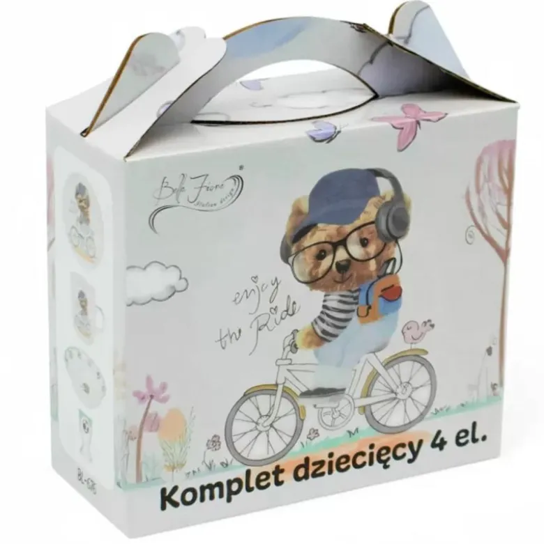 Zestaw obiadowy dla dzieci Bella Fiore 4 elementy Miś kubek talerzyk miseczka kieliszek na jajko Tragar BL-676