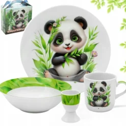 Zestaw obiadowy porcelana dla dzieci Bella Fiore 4 elementy Panda kubek talerzyk miseczka kieliszek na jajko