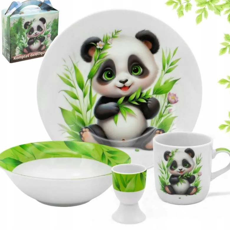 Zestaw obiadowy porcelana dla dzieci Bella Fiore 4 elementy Panda kubek talerzyk miseczka kieliszek na jajko