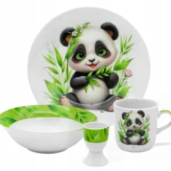 Zestaw obiadowy porcelana dla dzieci Bella Fiore 4 elementy Panda kubek talerzyk miseczka kieliszek na jajko