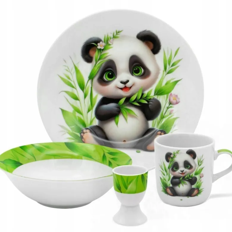 Zestaw obiadowy porcelana dla dzieci Bella Fiore 4 elementy Panda kubek talerzyk miseczka kieliszek na jajko