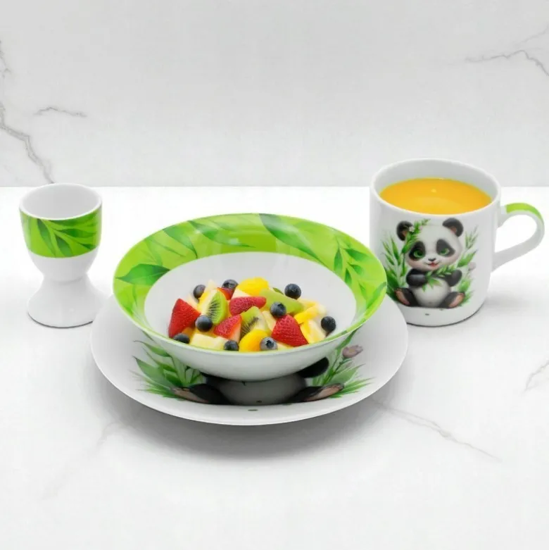 Zestaw obiadowy porcelana dla dzieci Bella Fiore 4 elementy Panda kubek talerzyk miseczka kieliszek na jajko