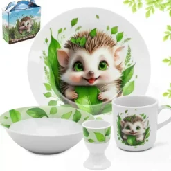 Zestaw obiadowy porcelana dla dzieci Bella Fiore 4 elementy Jeżyk kubek talerzyk miseczka kieliszek na jajko