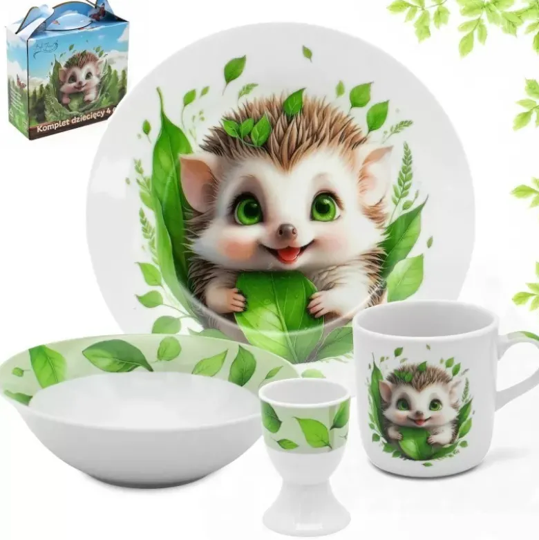 Zestaw obiadowy porcelana dla dzieci Bella Fiore 4 elementy Jeżyk kubek talerzyk miseczka kieliszek na jajko
