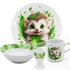 Zestaw obiadowy porcelana dla dzieci Bella Fiore 4 elementy Jeżyk kubek talerzyk miseczka kieliszek na jajko