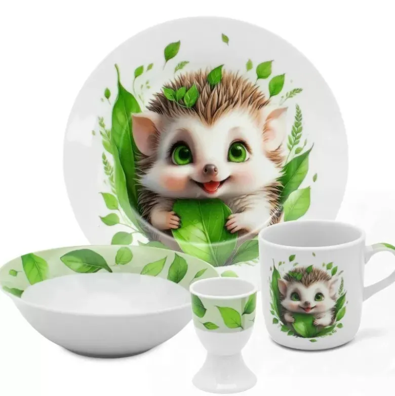 Zestaw obiadowy porcelana dla dzieci Bella Fiore 4 elementy Jeżyk kubek talerzyk miseczka kieliszek na jajko