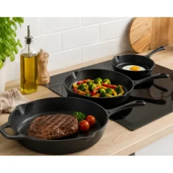 Zestaw 3 patelnie żeliwne 20/25/30 cm GierekHoff Żeliwna Tradycja ciężkie głębokie indukcja gaz ognisko grill GH 8002