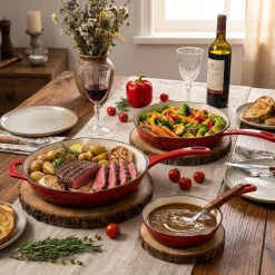 Zestaw 3 patelnie żeliwne emaliowane 20/25/30 cm GierekHoff Żeliwna Tradycja ciężkie głębokie indukcja gaz ognisko grill GH 6002