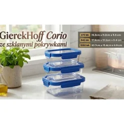 Zestaw 3 pojemników szklanych lunchbox GierekHoff Corio Glass żaroodporne hermetyczne prostokątne GH 1117