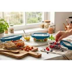 Zestaw 3 pojemników szklanych lunchbox GierekHoff Corio Glass żaroodporne hermetyczne prostokątne GH 1117
