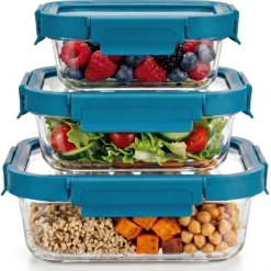 Zestaw 3 pojemników szklanych lunchbox GierekHoff Corio Glass żaroodporne hermetyczne prostokątne GH 1117