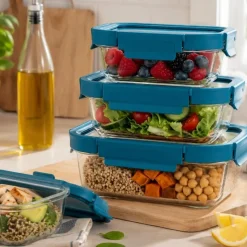 Zestaw 3 pojemników szklanych lunchbox GierekHoff Corio Glass żaroodporne hermetyczne prostokątne GH 1117