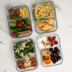 Zestaw 4 pojemników szklanych 1050 ml z przegrodą lunchbox GierekHoff Split 1104 żaroodporne hermetyczne dwukomorowe