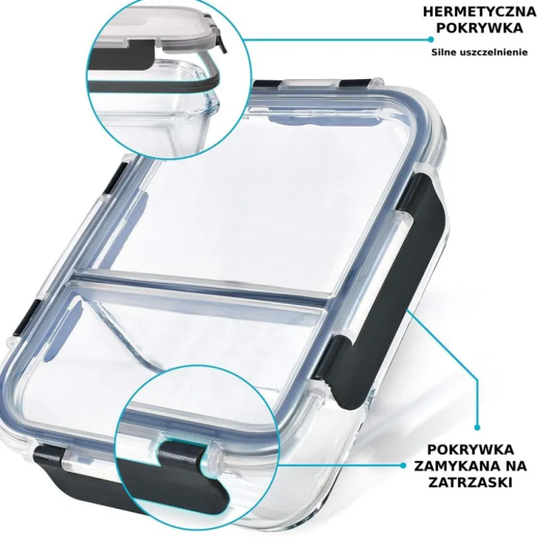 Zestaw 4 pojemników szklanych 1050 ml z przegrodą lunchbox GierekHoff Split 1104 żaroodporne hermetyczne dwukomorowe